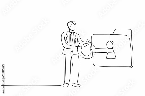 Single continuous line drawing businessman putting big key into folder. Folder locked with key. Data security. Secret information for success in work. One line draw graphic design vector illustration