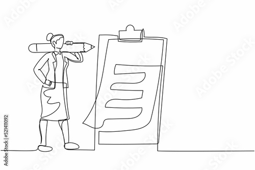 Single continuous line drawing active businesswoman with giant pencil on shoulder nearby marked checklist clipboard paper. Successful completion of business tasks. One line design vector illustration