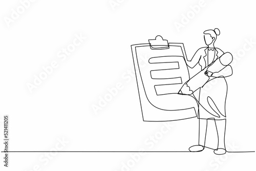 Single continuous line drawing businesswoman holding clipboard. Successfully completed checklist. Fulfilled tasks. Completed job. Business plan completed. One line graphic design vector illustration