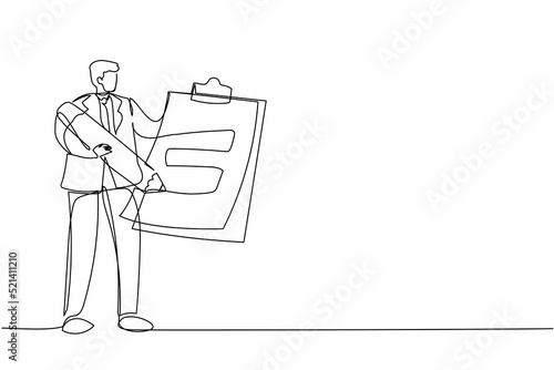Continuous one line drawing businessman standing and holding clipboard with checklist. Business success completed plan. Goal achievements concept. Single line draw design vector graphic illustration