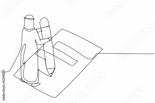 Single one line drawing Arabian businessman writing survey form on the floor. Office worker filled out checklist on clipboard with giant pencil. Continuous line draw design graphic vector illustration