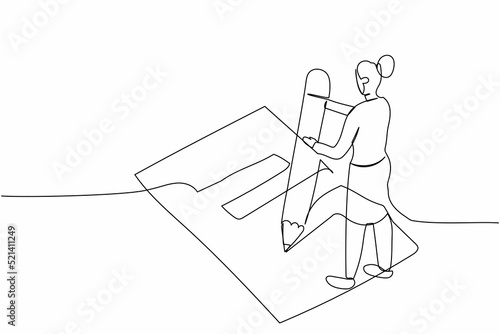 Continuous one line drawing businesswoman filled out questionnaire on the floor. Worker writes test on clipboard with giant pencil. Standing near checklist. Single line draw design vector illustration