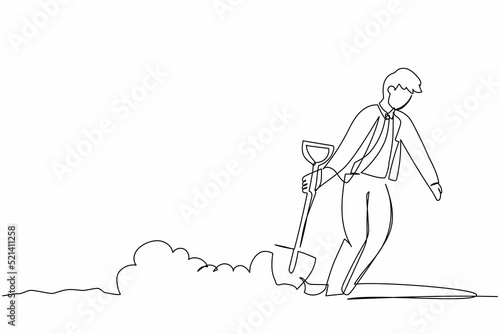 Single one line drawing unhappy businessman walking unsteadily leaving hole dug dragging shovel. Exhausted office worker gave up and stopped trying. Continuous line design graphic vector illustration