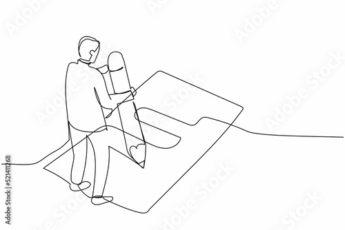 Single continuous line drawing businessman filled out questionnaire on the floor. Worker writes test on clipboard with giant pencil. Man standing near checklist. One line design vector illustration