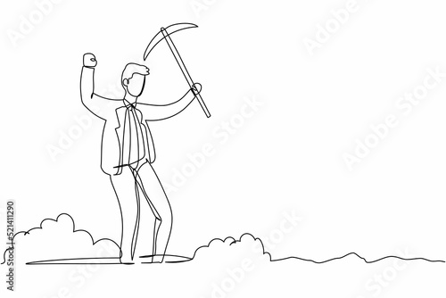 Continuous one line drawing happy businessman in hole prancing while lifting pickaxe with hands. Male manager mining for diamond or precious stone. Single line draw design vector graphic illustration