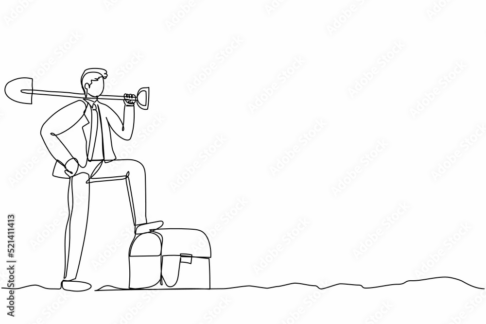 Continuous one line drawing businessman digging ground with shovel and step on treasure chest. Success business, achievement, and discovery concept. Single line draw design vector graphic illustration Continuous one line drawing businessman digging ground with shovel and step on treasure chest. Success business, achievement, and discovery concept. Single line draw design vector graphic illustration