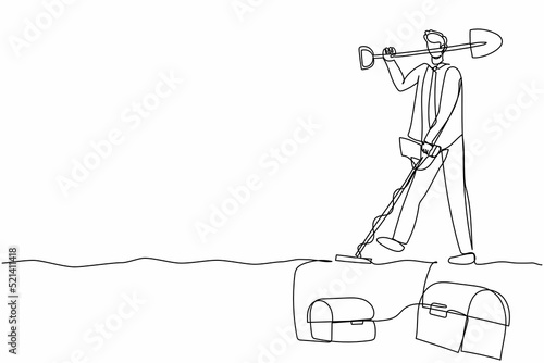 Continuous one line drawing businessman with shovel and metal detector looking for treasure chest. Worker treasure seeker finding precious jewel. Single line draw design vector graphic illustration