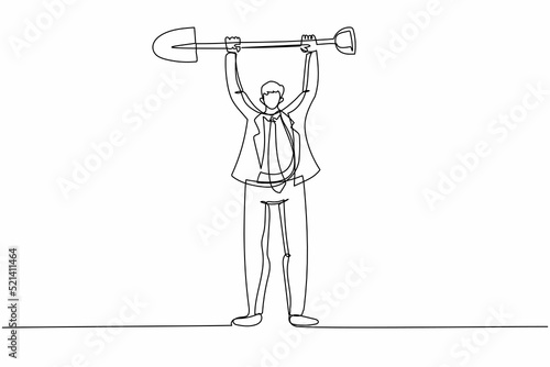 Single continuous line drawing young businessman standing and lifting big shovel. Depicts hard work, success, achievement, discovery. Success concept. One line draw graphic design vector illustration