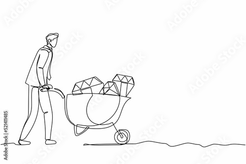 Continuous one line drawing happy businessman pushing cart full of diamonds. Wheelbarrow with golds, jewelry, precious stone. Successful business. Single line draw design vector graphic illustration