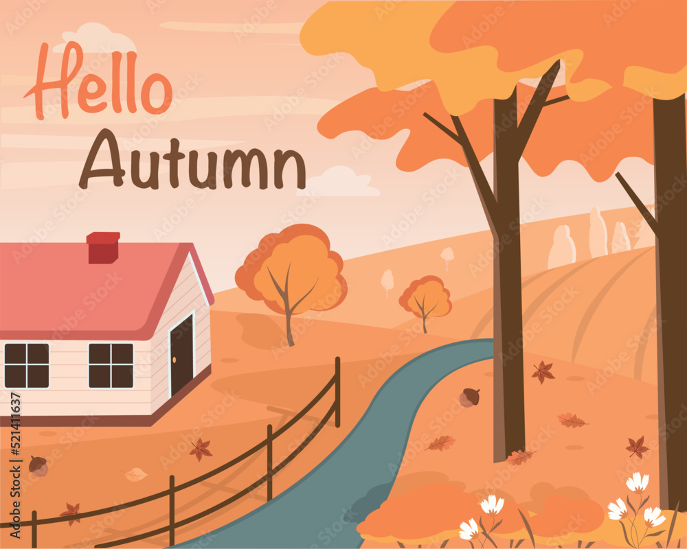 Hello autumn landscape. Fall vector illustration