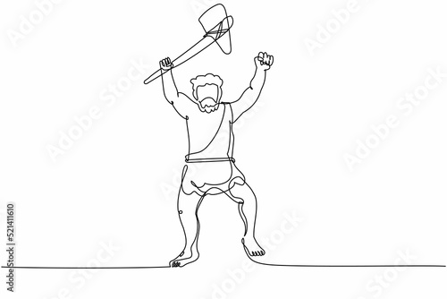 Single one line drawing caveman holding and raised stone axe overhead. Prehistoric man hunter with weapon. Ancient man hunting animal for food. Continuous line draw design graphic vector illustration