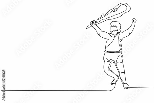 Continuous one line drawing caveman holding and raised cudgel overhead. Man hunting an ancient animal with cudgel, prehistoric male with weapon. Single line draw design vector graphic illustration