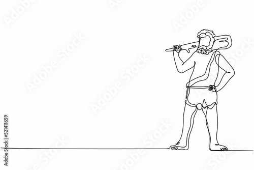 Single continuous line drawing prehistoric man holding cudgel on shoulders. Stone age primitive man in animal hide pelt with big wooden club. Dynamic one line draw graphic design vector illustration