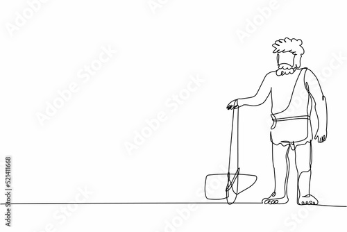 Single one line drawing caveman standing and holding stone axe. Prehistoric bearded man dressed in animal pelt. Neanderthal hunter. Ancient human. Continuous line design graphic vector illustration