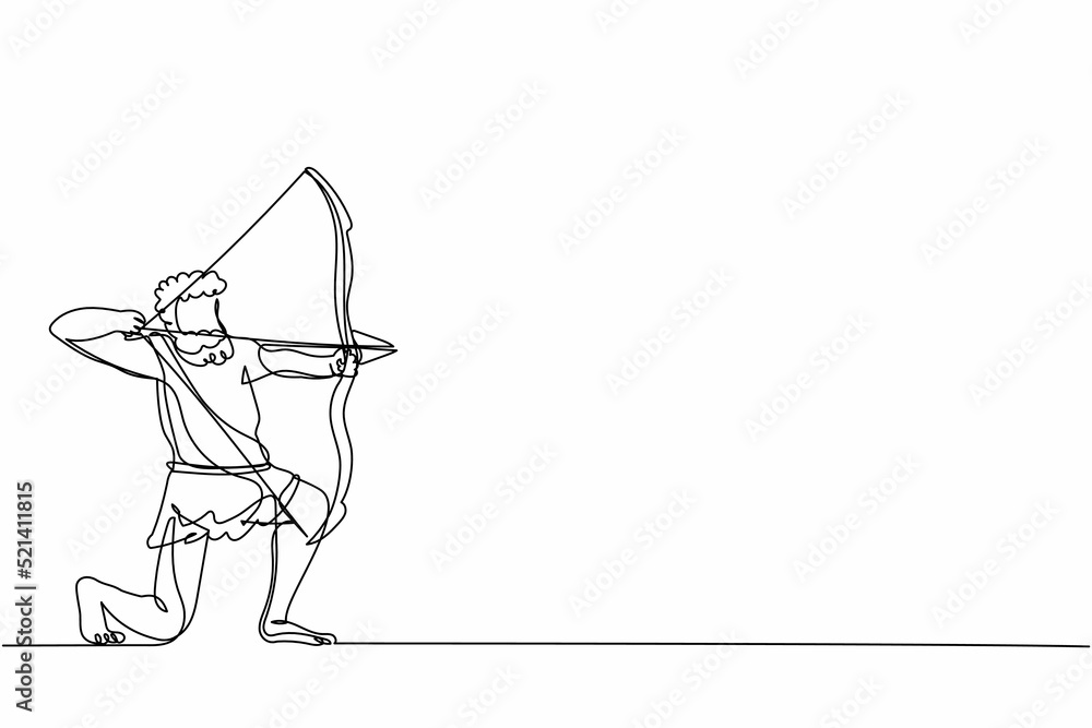 Single continuous line drawing primitive man hunt animal. Stone age