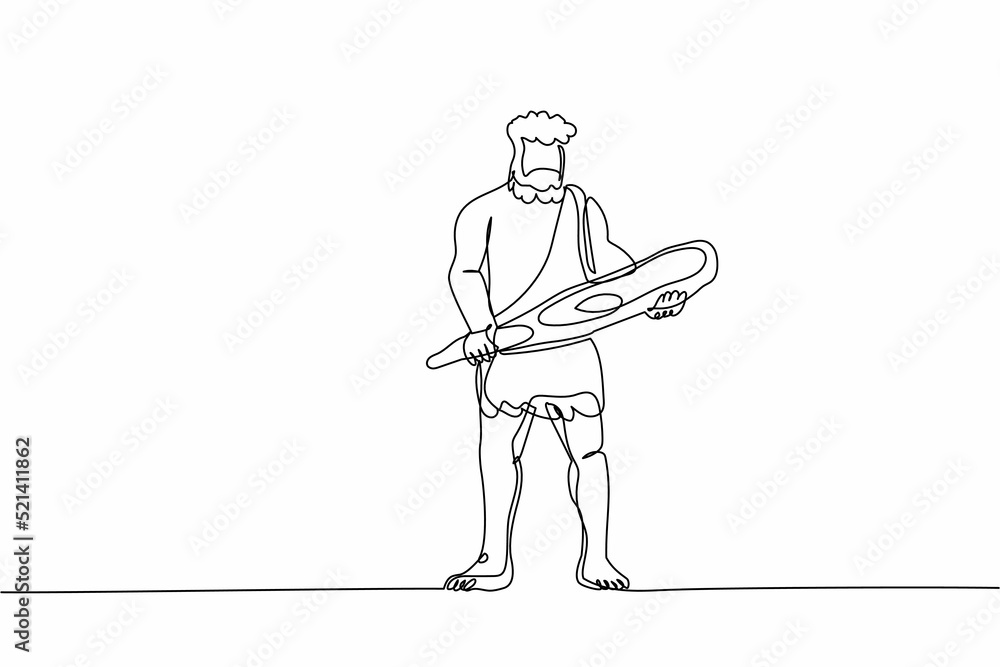 Continuous one line drawing ancient caveman holding big wooden club or cudgel. Prehistoric bearded man dressed in animal pelt. Neanderthal hunter. Single line draw design vector graphic illustration