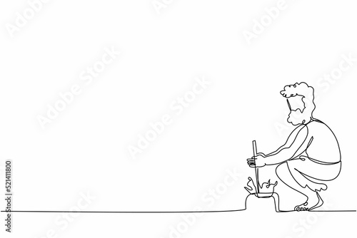 Continuous one line drawing caveman daily activity in cave. Prehistoric man making fire by rubbing twigs. Primitive people starting bonfire with hand drill. Single line draw design vector illustration
