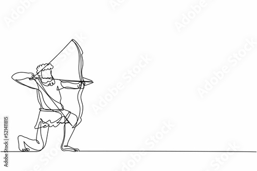 Single continuous line drawing primitive man hunt animal. Stone age hunter hunting ancient animal with bow arrow, caveman of prehistoric period with weapon. One line draw design vector illustration