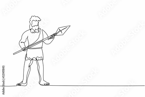 Continuous one line drawing ancient caveman or homosapien hunter standing and holding big stone spear. Prehistoric bearded man dressed in animal pelt. Single line design vector graphic illustration