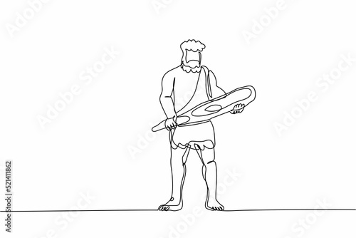 Continuous one line drawing ancient caveman holding big wooden club or cudgel. Prehistoric bearded man dressed in animal pelt. Neanderthal hunter. Single line draw design vector graphic illustration
