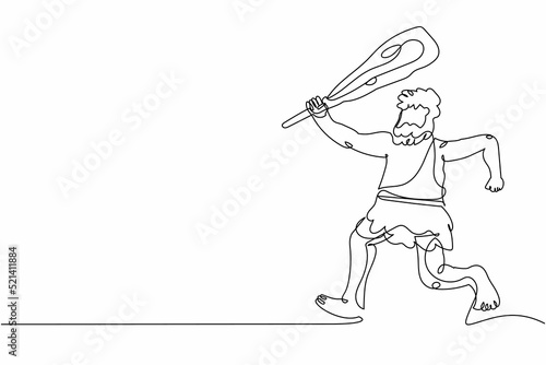 Single continuous line drawing angry caveman run and holding cudgel. Prehistoric man hunter. Ancient man is running and hunting animal with cudgel. Dynamic one line graphic design vector illustration
