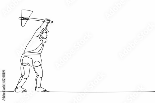 Single one line drawing prehistoric man holding and raised stone axes. Caveman hunting ancient animal. Man of prehistoric period with weapon. Continuous line draw design graphic vector illustration