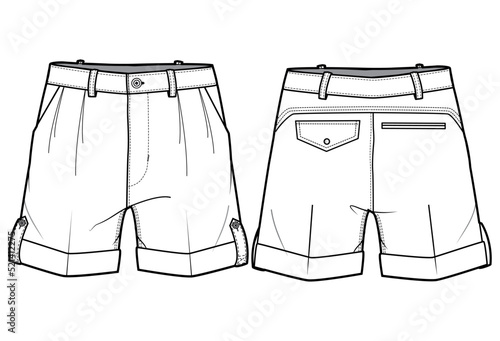 Folded Hem Chino Short Front and Back View. fashion illustration vector, CAD, technical drawing, flat drawing.