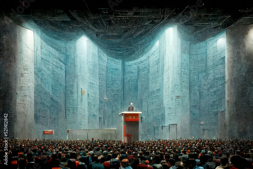 Valokuvatapetti speaker in a futuristic hall in front of an audience