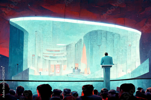 speaker in a futuristic hall in front of an audience
