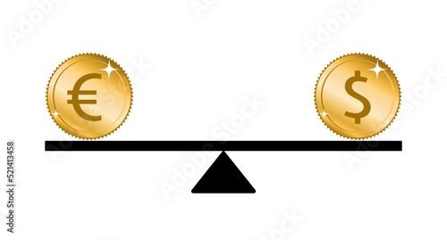 Euro and dollar parity concept. Dollar and euro coins on a balanced seesaw photo