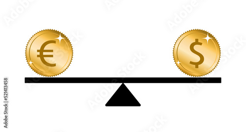 Euro and dollar parity concept. Dollar and euro coins on a balanced seesaw