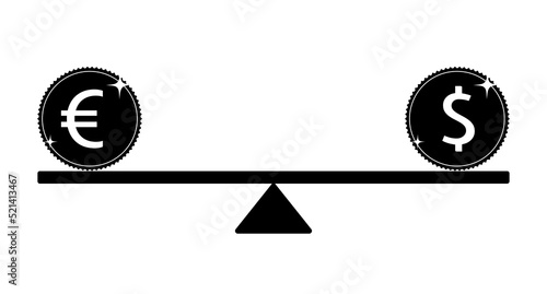 Euro and dollar parity concept. Dollar and euro coins on a balanced seesaw