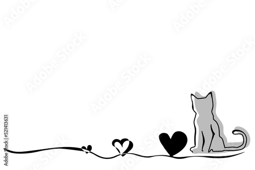 Hand drawing. Cute kitten border. Cat with heart isolated on white background. Copy space. Can be use decorate for greeting card, brochure, web.