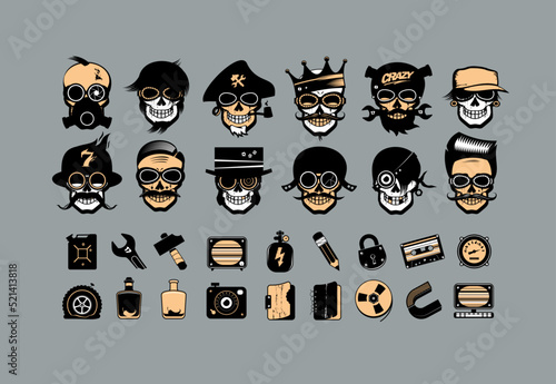 Cartoon style freak personages stickers, symbols and icons collection