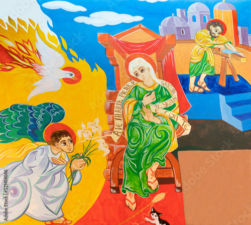 FORLÍ, ITALY - NOVEMBER 11, 2021:  The modern fresco of Annunciation in the c...