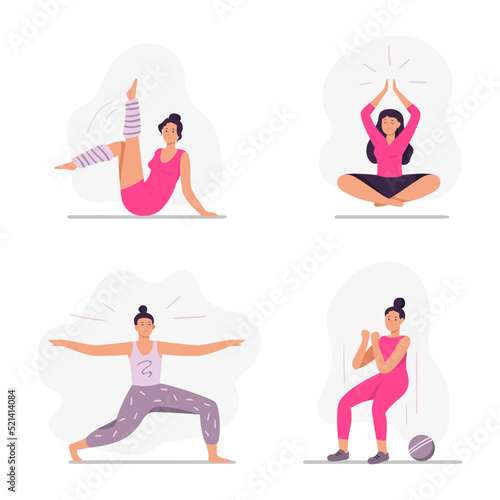 Sport people. Women in sportswear doing yoga exercises, practicing meditation in lotus position. Female character stretching