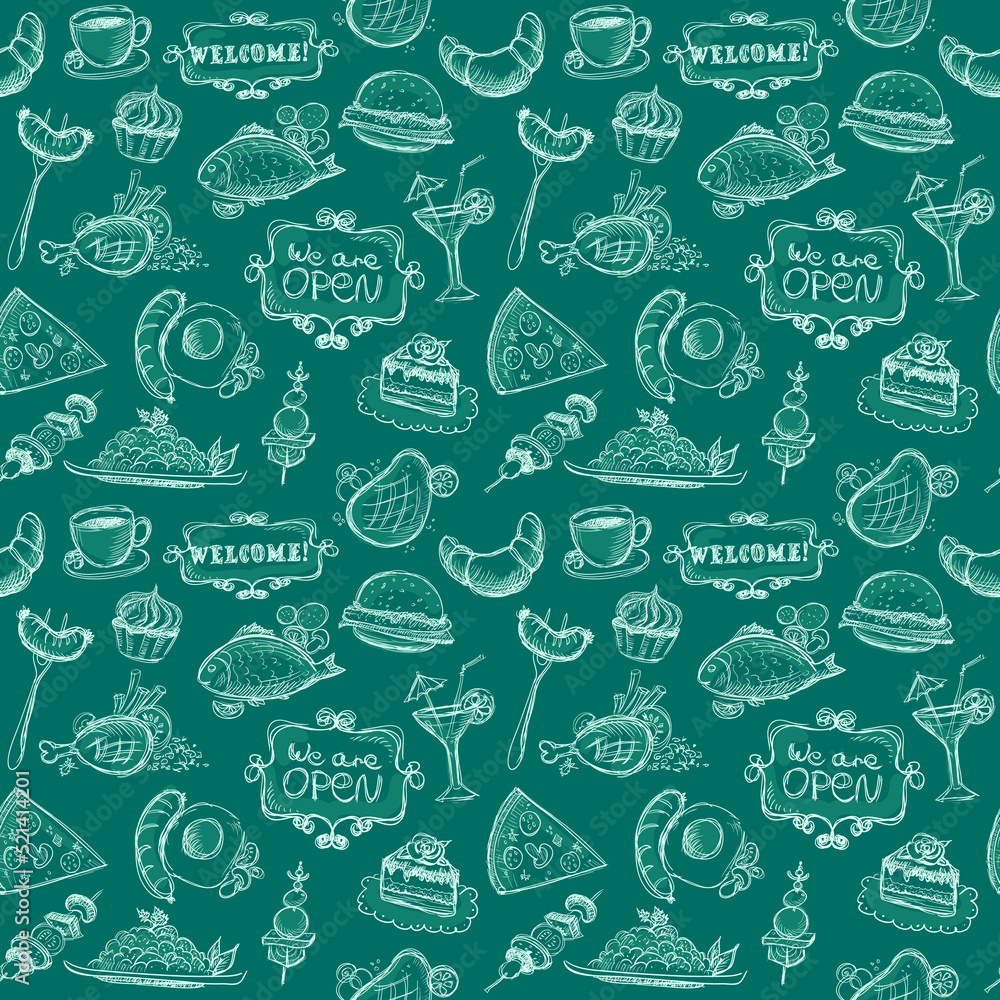 Assorted food retro style graphic symbols seamless pattern Assorted food retro style graphic symbols seamless pattern