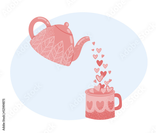 Teapot with hearts. Cute pink kettle pouring drink into cup. Lovely aromatic beverage for romantic greeting card