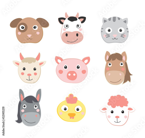 Cute domestic animals heads including a cow, dog, cat, goat, pig, horse, chick, donkey, lamb