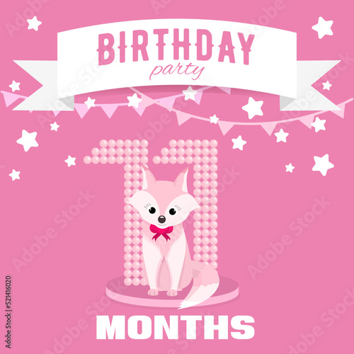 Birthday party invitation for the girl's eleventh month birthday with little fox, stars and flags. Children's 11 month party. Pink color pallete. Flat illustration. Square format. 