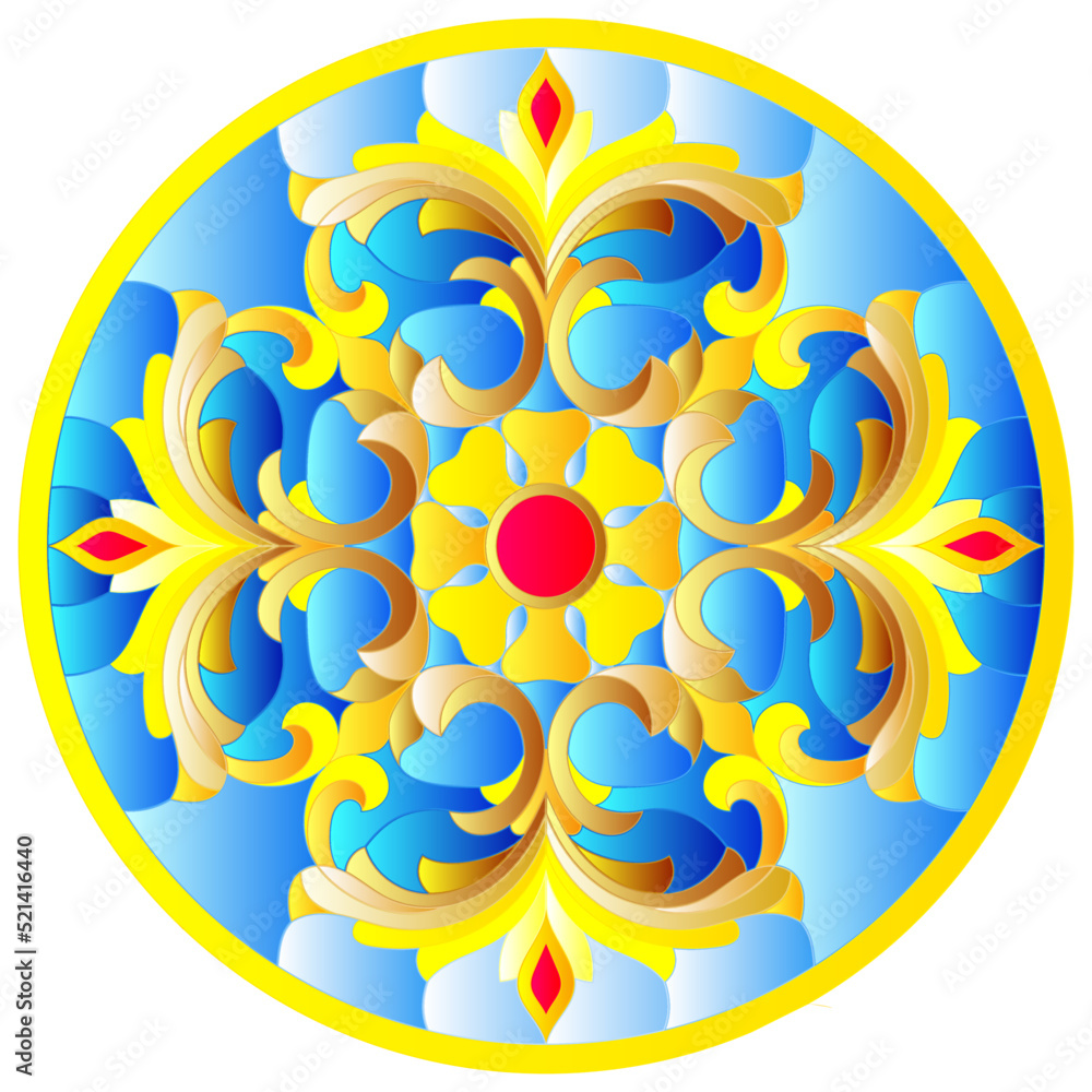 Illustration in stained glass style, round mirror image with floral ornaments and swirls Illustration in stained glass style, round mirror image with floral ornaments and swirls
