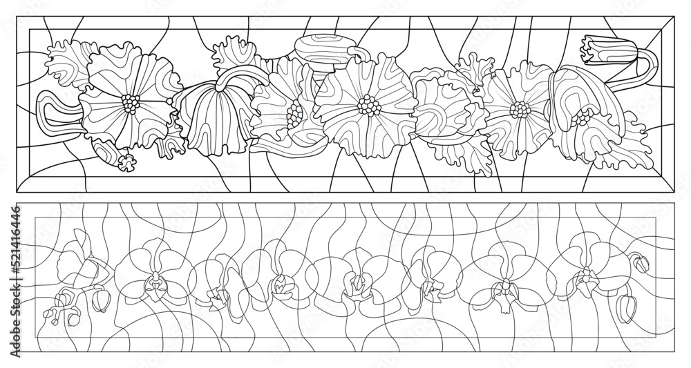 A set of contour illustrations in the style of stained glass with orchids and poppies flowers, dark contours on a white background