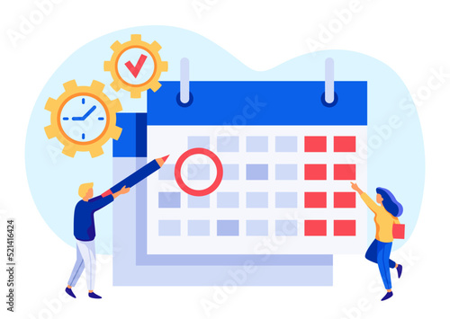 Work time management. Tiny people looking at calendar, checking important date. Man circling event or appointment