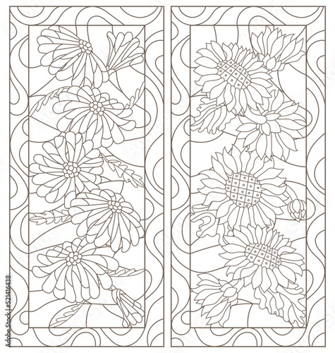 A set of contour illustrations in the style of stained glass with daisies and sunflowers flowers, dark contours on a white background
