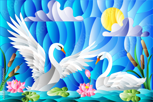 Illustration in stained glass style with pair of Swans , Lotus flowers and reeds on a pond in the sun, sky and clouds