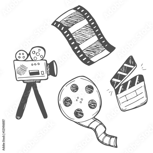 hand drawn doodle cinema icon illustration set isolated