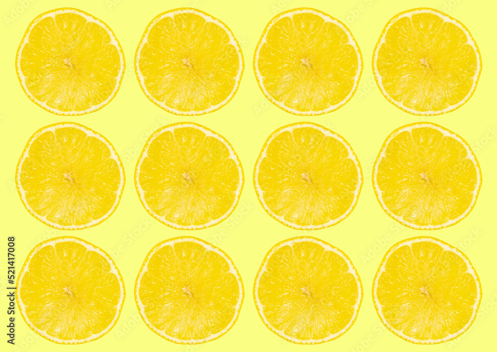 Juicy lemon slices. Lemon slices isolated on yellow background. Background image.