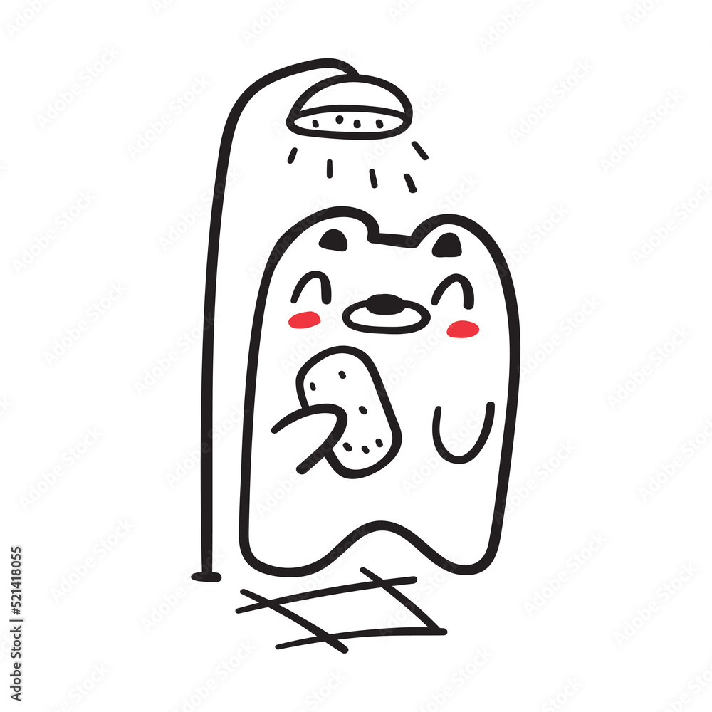 Little bear taking a shower. Outline icon. Vector illustration on white background, Little bear taking a shower. Outline icon. Vector illustration on white background,