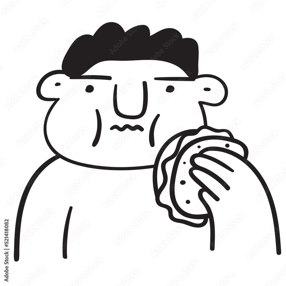Obraz premium Fat boy eat taco. Outline vector icon on white background.