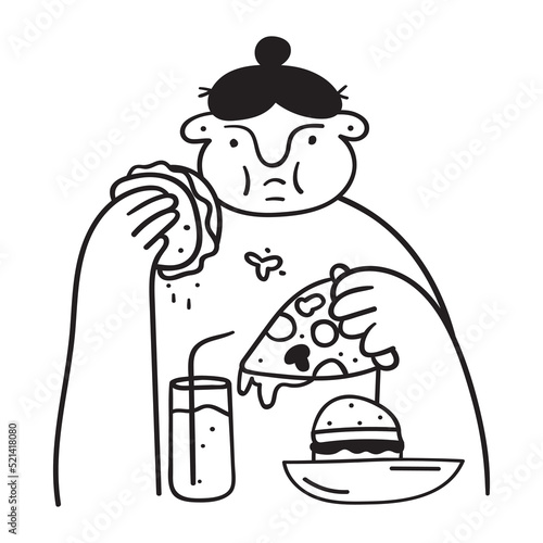 Fat woman eat fast food. Outline vector icon.